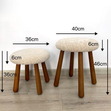 Beautiful Sheepskin Stool with American Red Oak Legs, Merino Sheepskin Wooden Chair Seat 36cm 46cm – Cozy & Elegant Home Decor - beige color